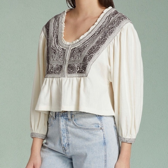NWT FREE PEOPLE Iggie Embroidered Scoop Neck Long Sleeve Cotton Crop Top/Md - Picture 10 of 16